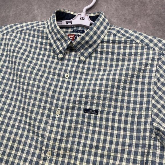 Chaps Ralph Lauren Button Down Shirt Mens M Blue Plaid Seersucker EZ Care VTG - Picture 5 of 9